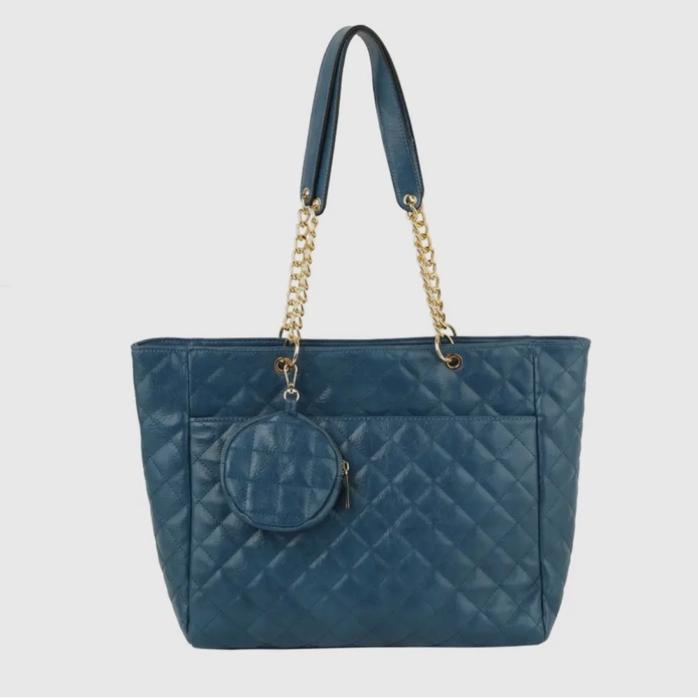 Gorgeous quilted 3-piece tote in beautiful blue vegan leather!